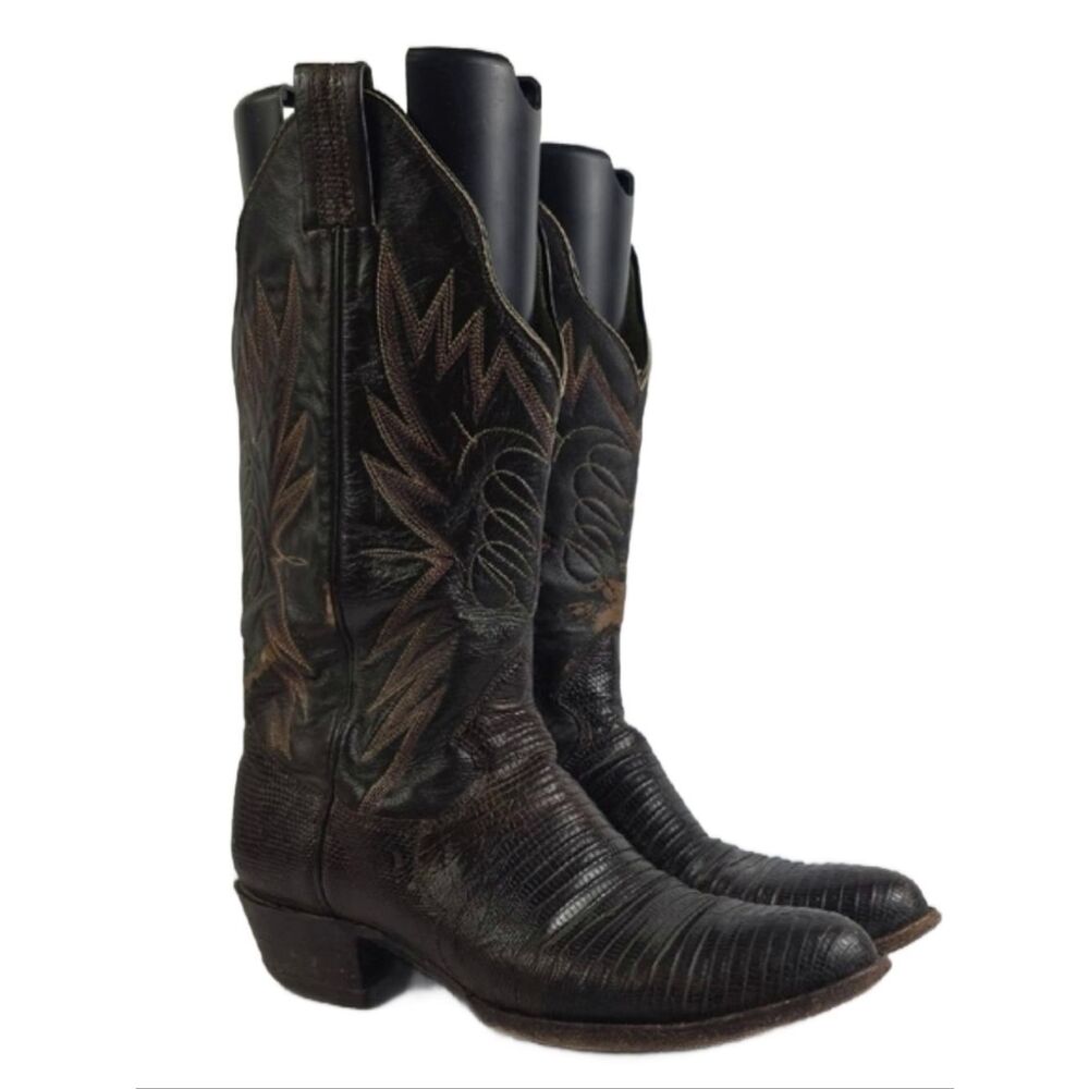 Vintage Sanders Boot Lizzard Brown Leather Men's Cowboy Boots Size 10 1/2
